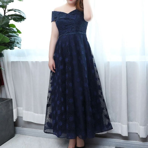 【3XL〜7XL】オフショルダーフラワーレースドレス　D1574