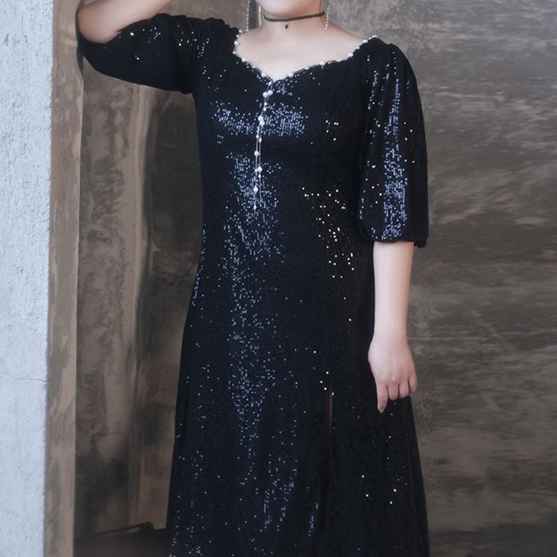 【3XL〜7XL】スパンコールスリットミディ丈ドレス　D1615
