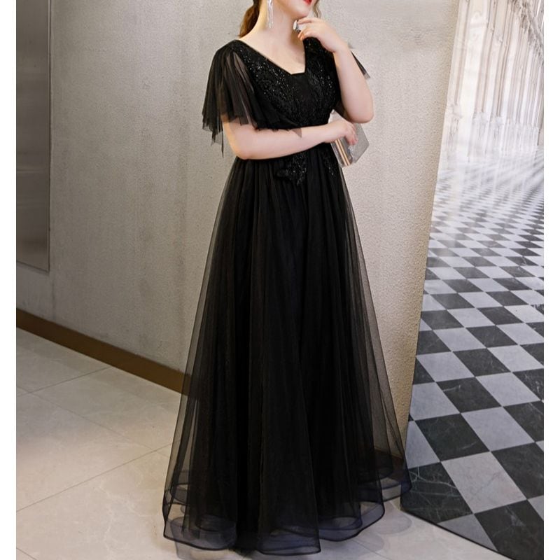 【3XL〜7XL】フレアスリーブチュールドレス　D1534