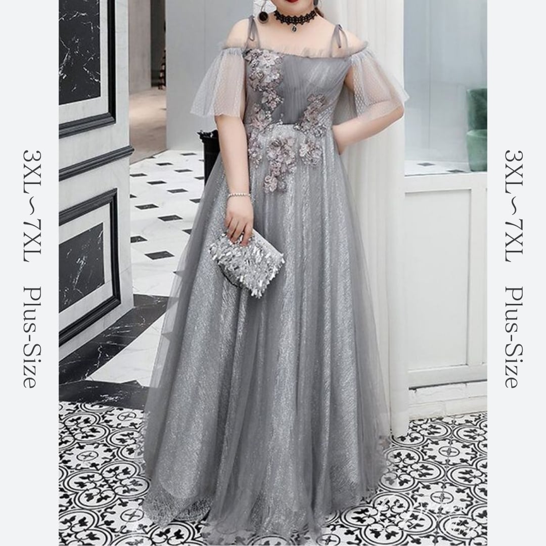 【3XL〜7XL】フリルスリーブチュールドレス　D1546