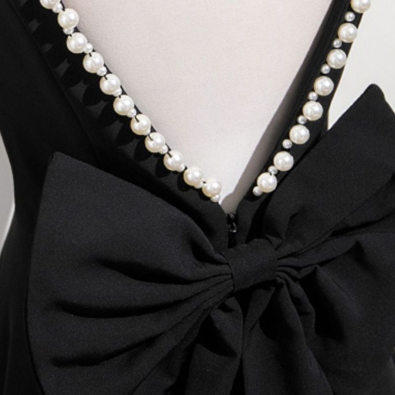パールリボンバックレスドレス　D1713