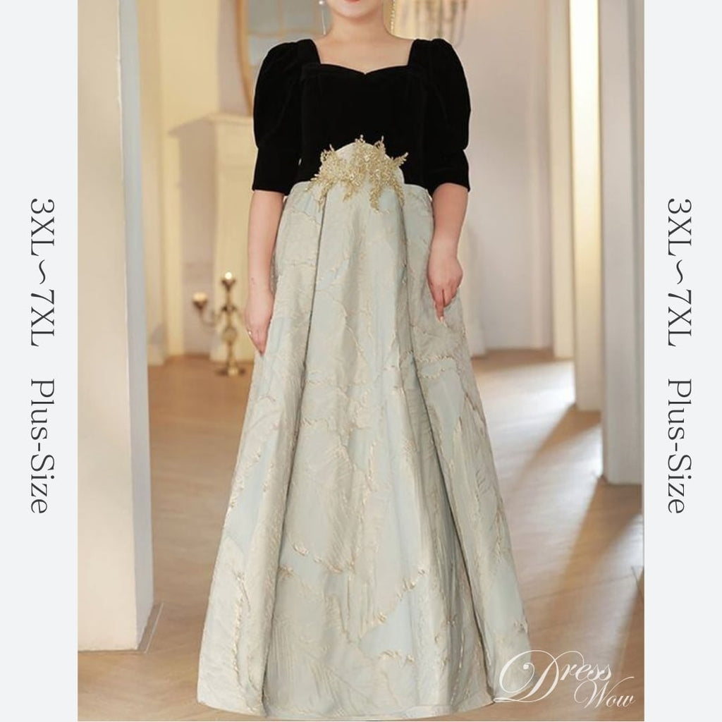 【3XL〜7XL】リーフジャガード切替デザインドレス　D1536
