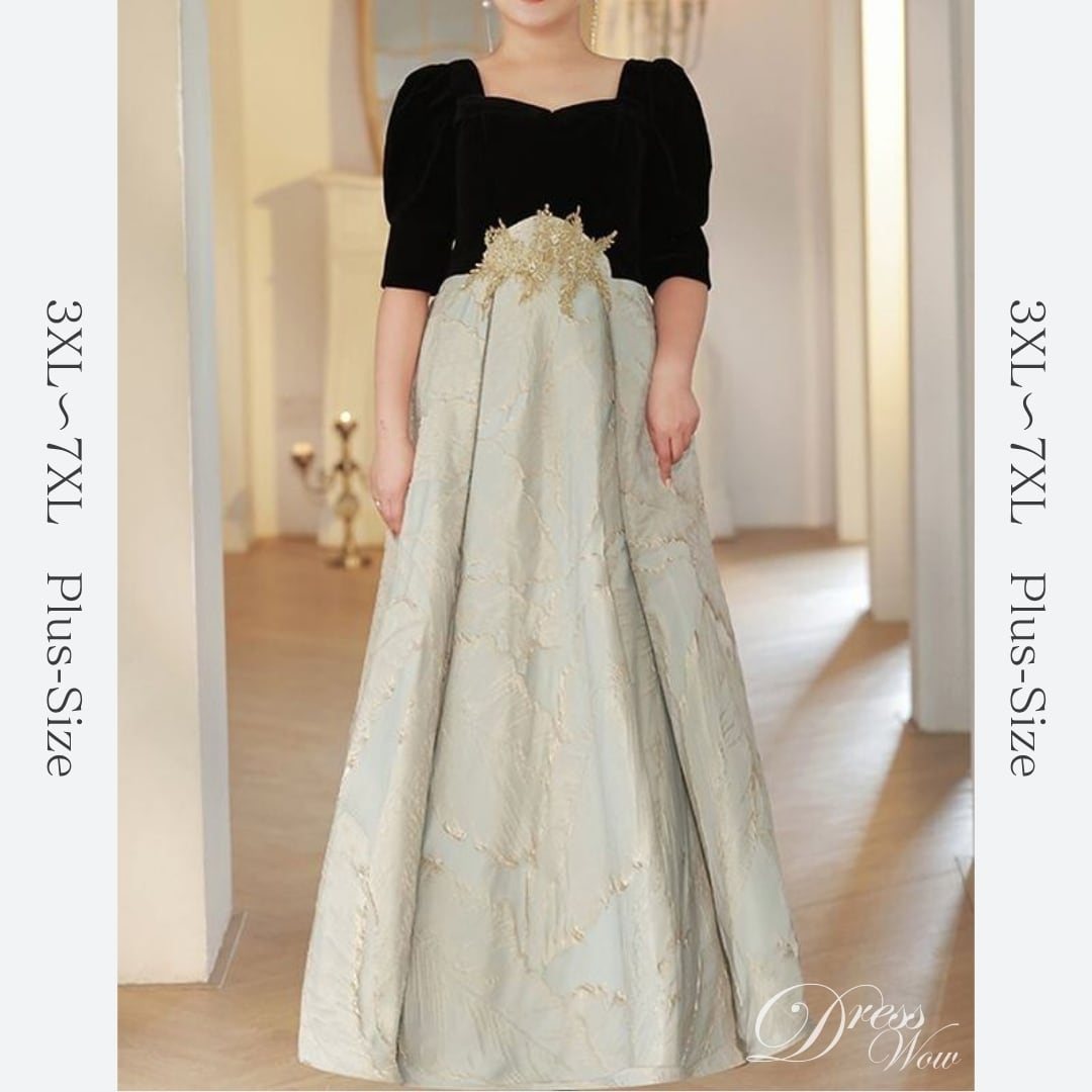 【3XL〜7XL】リーフジャガード切替デザインドレス　D1536