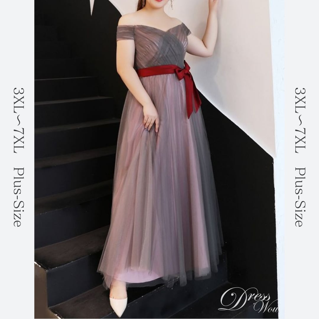 【3XL〜7XL】ウエストリボンチュールドレス　D1592