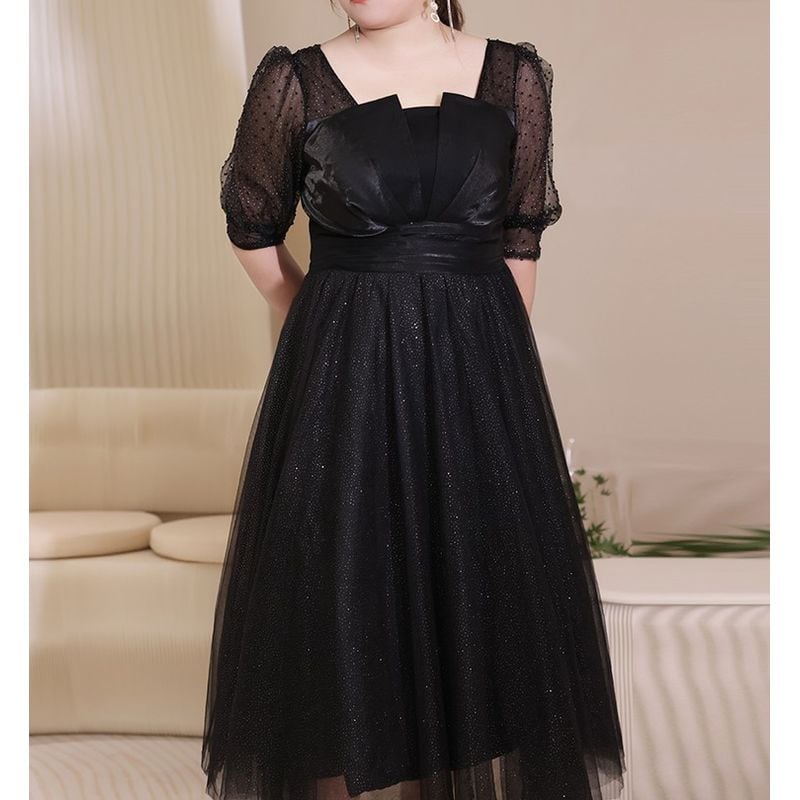 【3XL〜7XL】ヘムネックパフスリーブチュールドレス　D1614