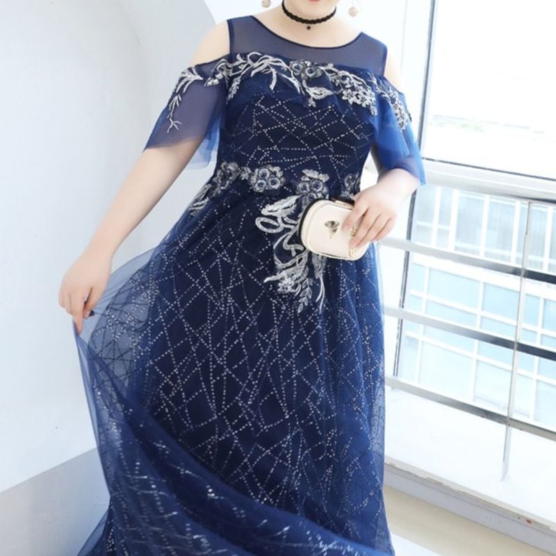 【3XL〜7XL】フラワー装飾オーガンジードレス　D1566