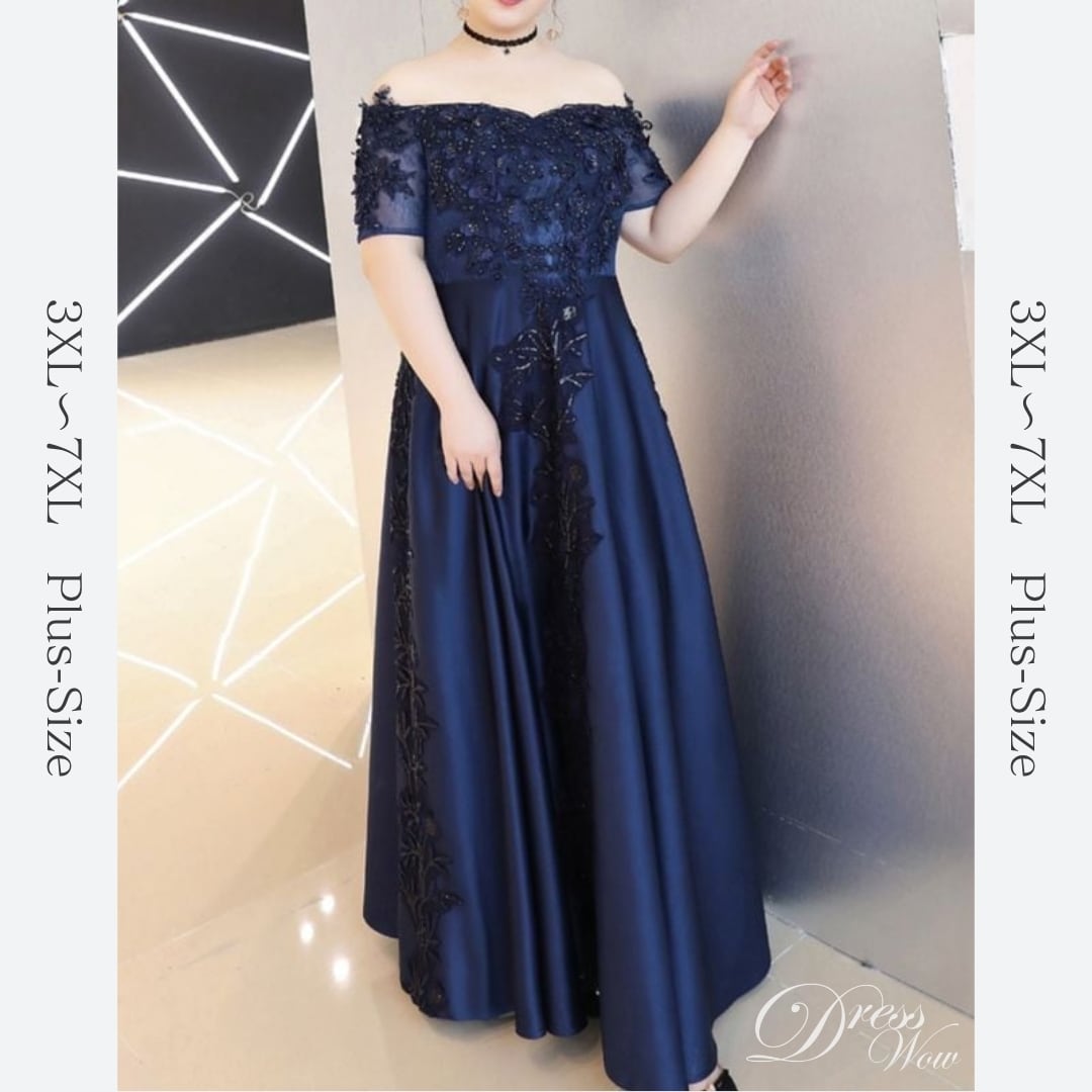 【3XL〜7XL】オフショルダーサテンドレス　2color　D1532