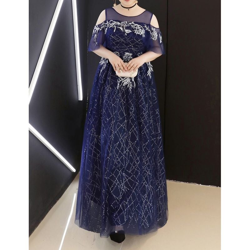 【3XL〜7XL】フラワー装飾オーガンジードレス　D1566