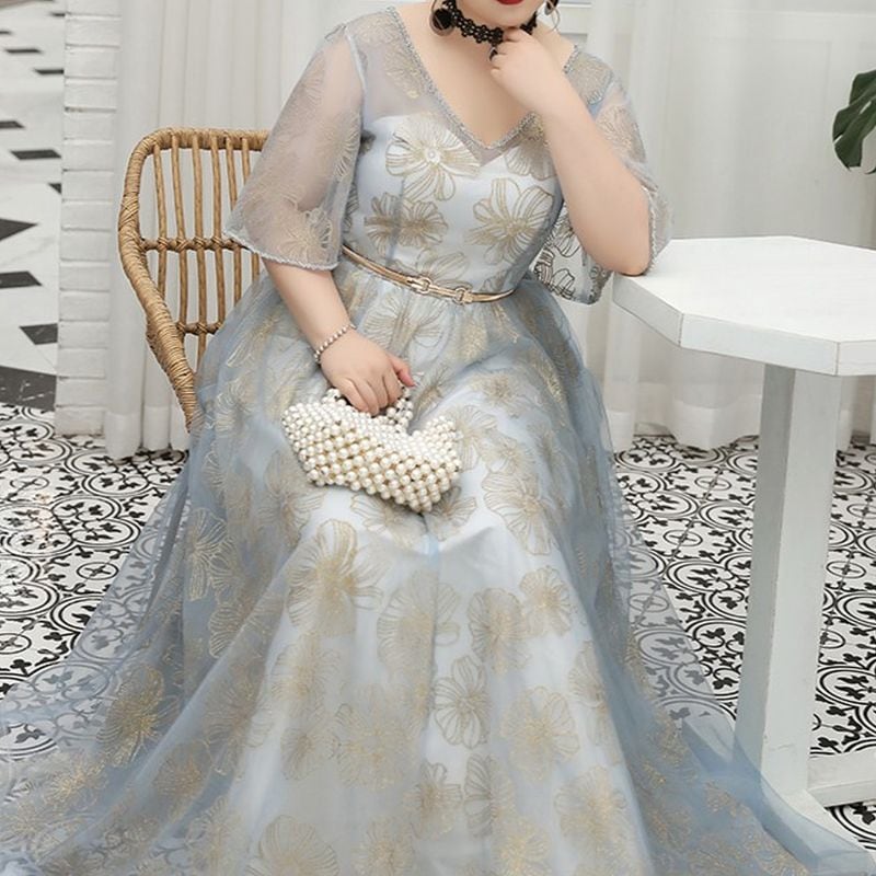 【3XL〜7XL】フラワーオーガンジードレス　D1594