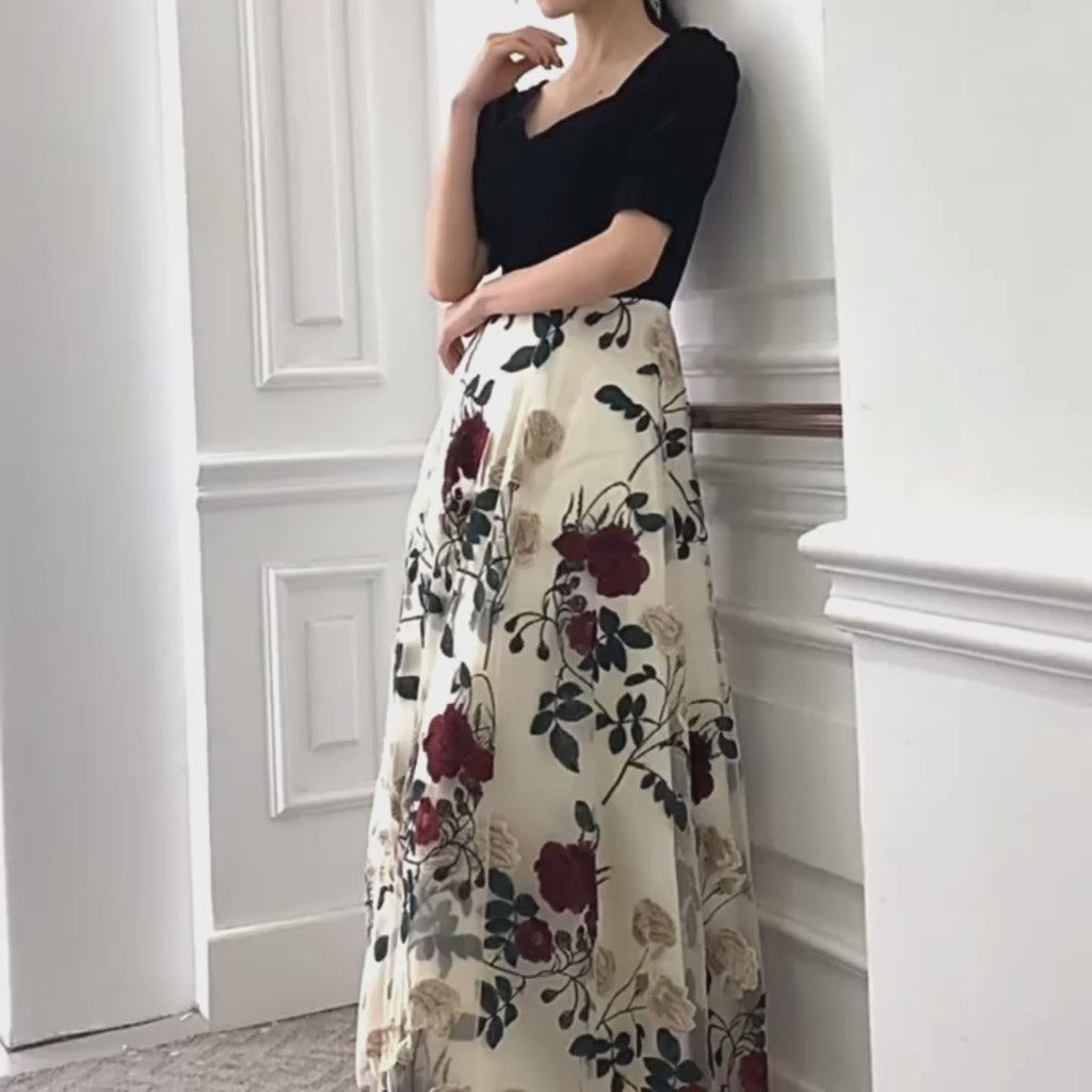 フラワーステッチ ロングドレス　2color　D1171
